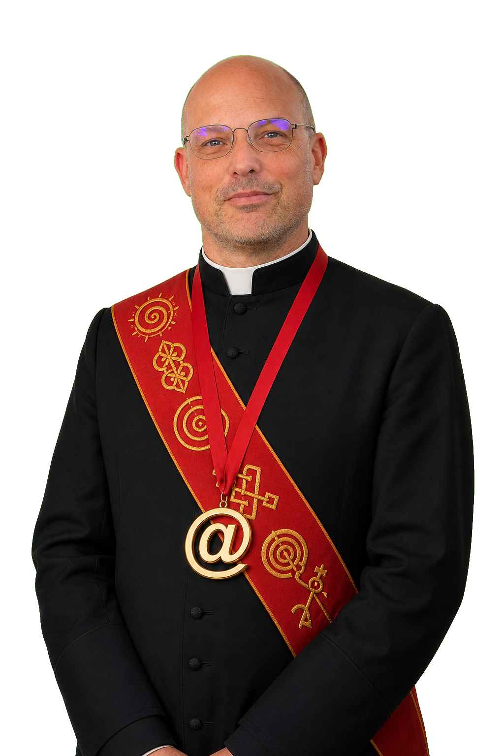 Porträt von Jens in schwarzer, priesterähnlicher Robe mit roter, goldbestickter Schärpe und großer goldener @-Medaille